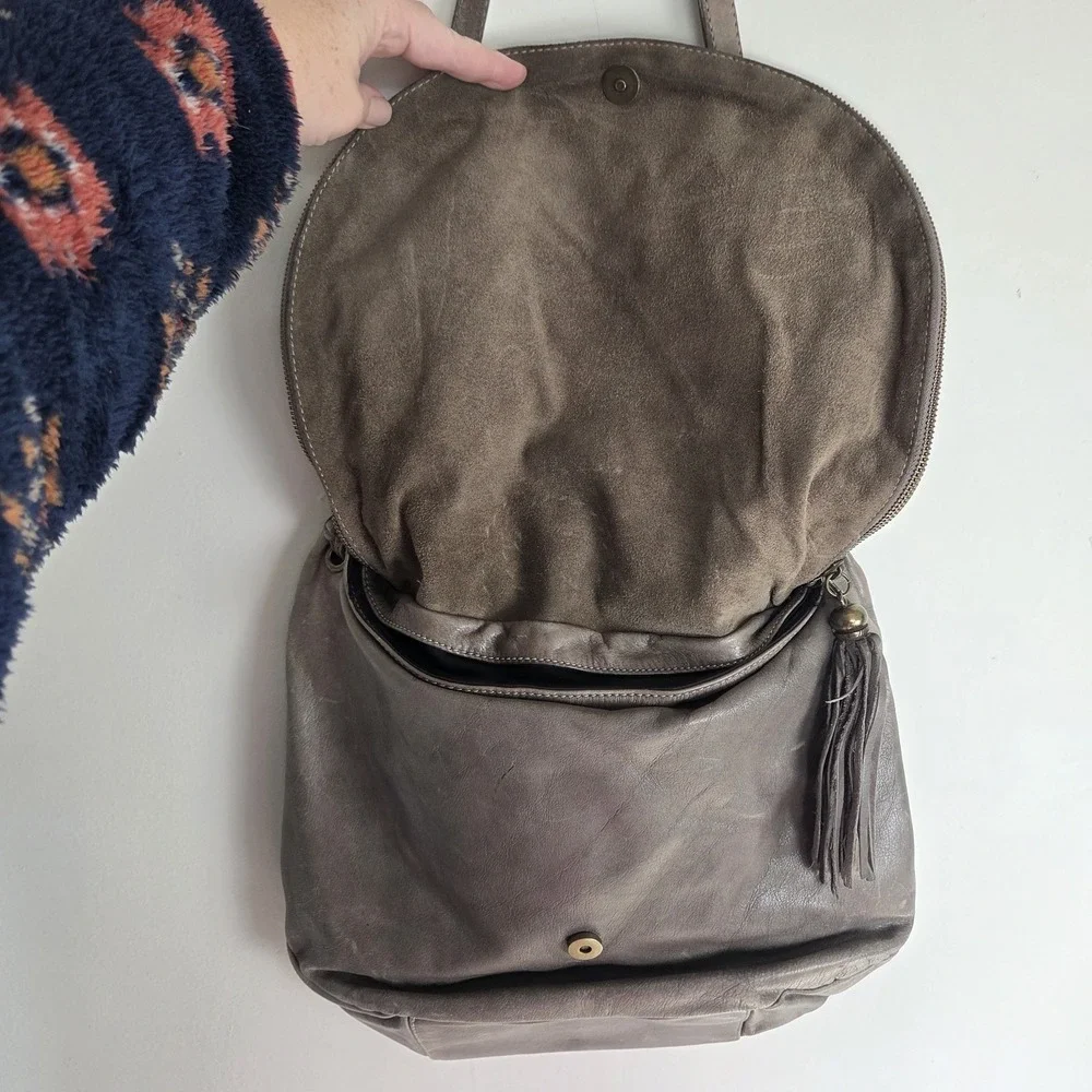 Italian Gray Genuine leather fold over boho shoulder crossbody bag Hippe Tassle